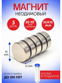 Неодимовые магниты 30х10 мм, диски, набор 5 шт. в тубе