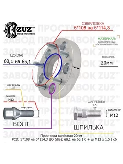 Проставка колёсная 1 шт 20мм 5*108 на 5*114,3